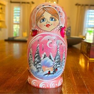 Hand-Painted Pink Nesting Doll with Winter Scene
